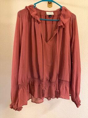 Lace Ruffle V-Neck Blouse - Dusty Rose